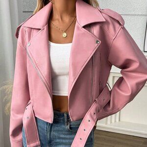 Pink Casual Women's Minimalist Zip-Up faux leather Short Jacket